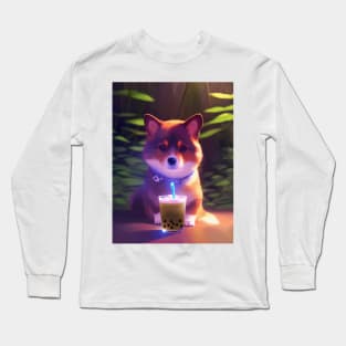 Cute corgi with boba bubble tea Long Sleeve T-Shirt